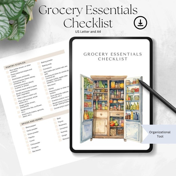 Grocery Essentials Checklist, Food Pantry Inventory List, New Home Grocery Necessities, Housewarming Gift, Airbnb, US Letter and A