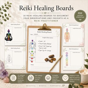 May include: A collection of Reiki Healing Boards with the text "Reiki Healing Boards". The boards are designed to document observations and insights for Reiki practitioners. The image includes a clipboard, illustrations of chakras, and the text "PDF Instant Download".