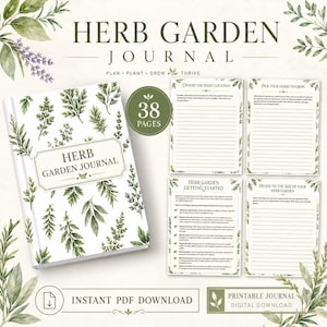 May include: A white Herb Garden Journal with a botanical design, featuring green leaves and the text "Herb Garden Journal." The journal includes 38 pages and is available as an instant PDF download.