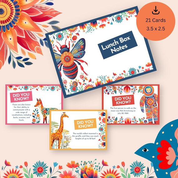 Folk Art Animal Trivia Lunch Box Notes | Printable Cards (Digital Download)