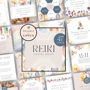 May include: A collection of 47 social media post templates for Reiki practitioners. The templates feature watercolour illustrations of crystals, mandalas, and other spiritual symbols. The text on the templates includes phrases like "Reiki 101", "Why Try Reiki", and "Did You Know?"