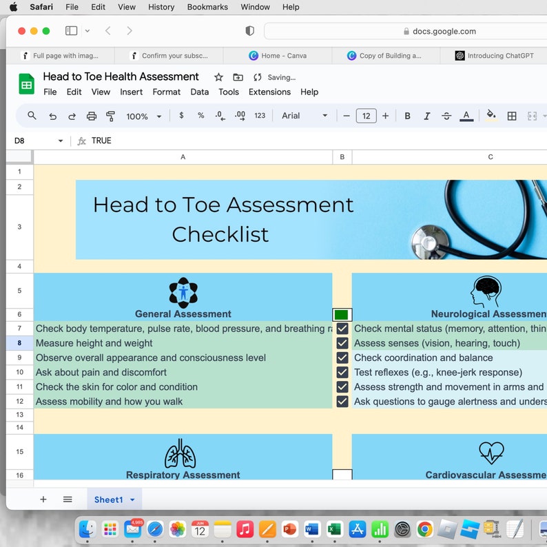 Head to Toe Assessment, Nursing Template, Google Sheets, Nursing Guide ...