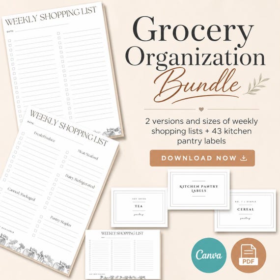 Printable Grocery List & Pantry Label Template (PDF, Canva)