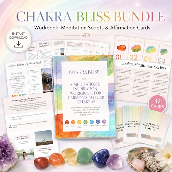Reiki Chakra Balancing Workbook Bundle, Meditation Scripts, Affirmation Cards (PDF)