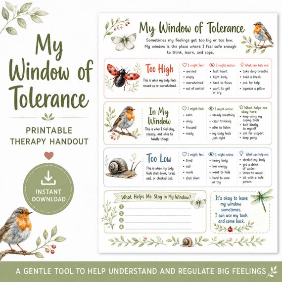 Window of Tolerance Kids, Therapy Worksheets for Emotional Regulation, Coping Skills for Children, PDF Download