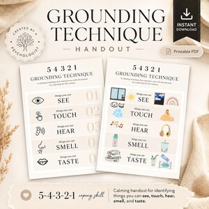 May include: Two printable handouts titled Grounding Technique 5 4 3 2 1. The left sheet lists the five senses with icons, while the right sheet provides illustrative examples for each sense, including sight, touch, hearing, smell, and taste.