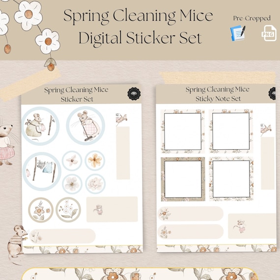 Spring Cleaning Mice Digital Planner Stickers (PNG)