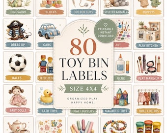 Etiquetas editáveis para caixas de brinquedos, organização da sala de jogos, 80 imagens ilustradas (download digital)