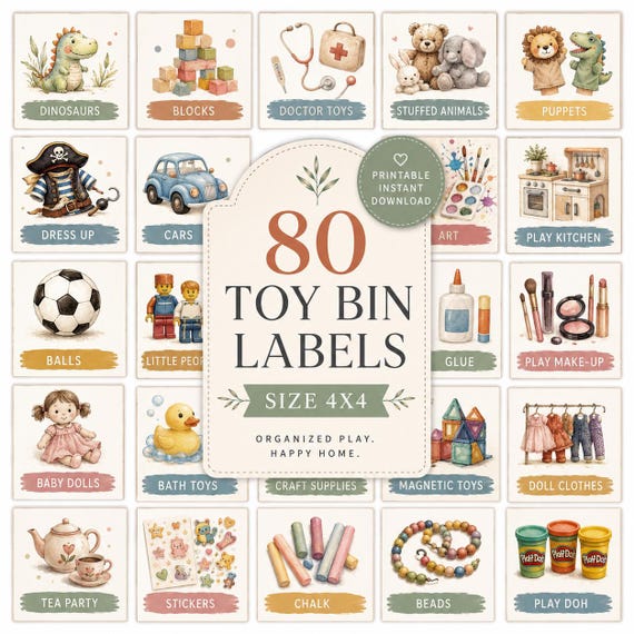 Editable Toy Bin Labels, Playroom Organization, 80 Illustrated Pictures (Digital Download)
