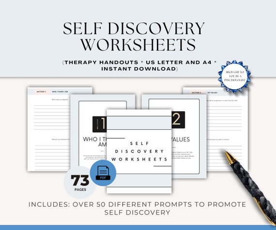 Self Discovery Worksheets, Therapy Journal Prompts (PDF)