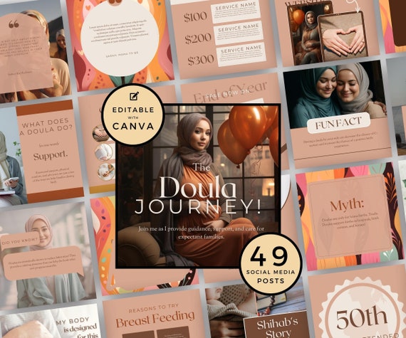 Muslim Doula Social Media Templates, Arab Mothers, Canva (47 Posts)