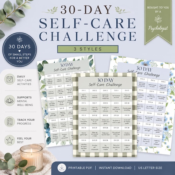 Self-Care Challenge Tracker Printable | 30-Day Wellness (PDF)