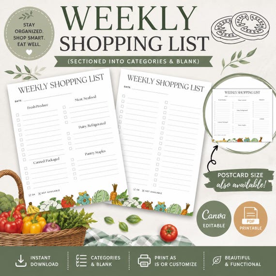 Weekly Grocery List Template, Food Shopping Planner (PDF & Canva)