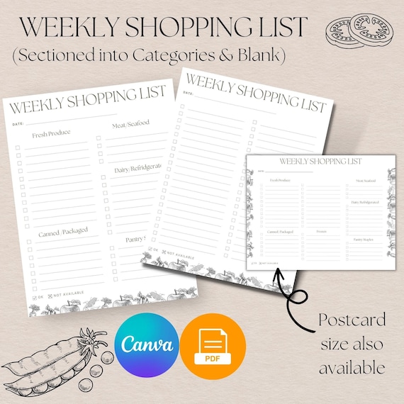 Grocery List Printable Template, Weekly Shopping Planner (PDF & Canva)