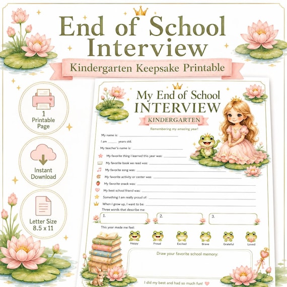 Last Day of Kindergarten Printable, Graduation Keepsake, Handprint Art, End of School Questionnaire, Preschool Graduate Interview