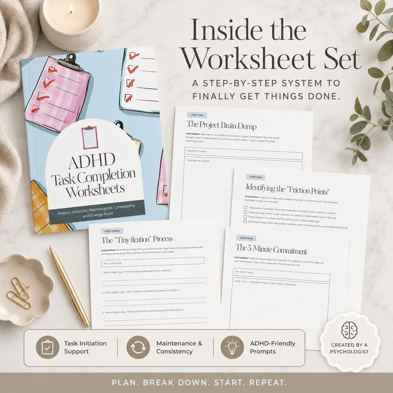 Pode incluir: Conjunto de folhas de trabalho de conclus&atilde;o de tarefas de TDAH com uma capa azul clara, com uma ilustra&ccedil;&atilde;o de prancheta. O conjunto inclui folhas de trabalho para a inicia&ccedil;&atilde;o do projeto, manuten&ccedil;&atilde;o e auditoria de energia. O texto diz: "Inside the Worksheet Set."