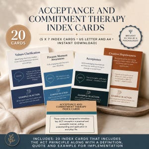 Op de afbeelding: Een set Acceptance and Commitment Therapy (ACT) indexkaarten. De kaarten zijn wit met blauwe en bruine accenten, met citaten en voorbeelden. De set bevat 20 kaarten, ontworpen om ACT-concepten in het dagelijks leven te introduceren.
