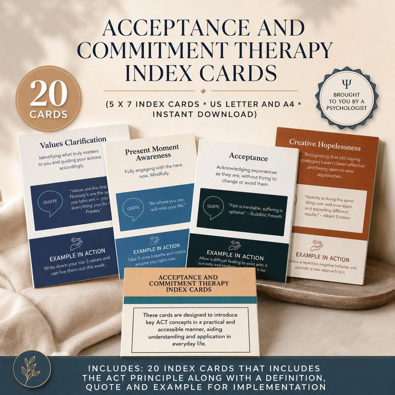 Op de afbeelding: Een set Acceptance and Commitment Therapy (ACT) indexkaarten. De kaarten zijn wit met blauwe en bruine accenten, met citaten en voorbeelden. De set bevat 20 kaarten, ontworpen om ACT-concepten in het dagelijks leven te introduceren.