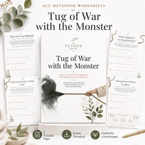 Puede incluir: Un cuaderno de trabajo titulado "Tug of War with the Monster" con hojas de trabajo adjuntas. La portada presenta una ilustración oscura de un monstruo y una mano sosteniendo una cuerda. Las hojas de trabajo incluyen indicaciones como "What Are You Fighting?" y "What Happens If You Drop the Rope?"