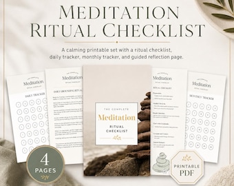 May include: A printable meditation ritual checklist set with a calming design. The set includes a ritual checklist, daily tracker, monthly tracker, and a guided reflection page. The cover features the text "Meditation Ritual Checklist".