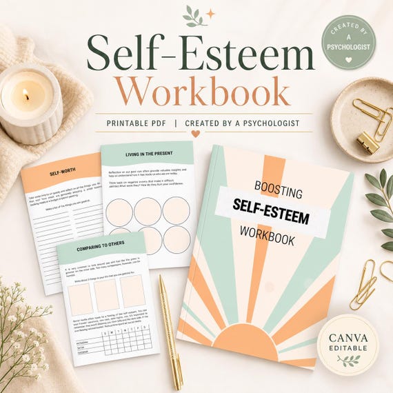 Self-Esteem Therapy Workbook, Self-Worth Booster, Personal Development, self-image, therapy worksheets, self help, confidence, Printable
