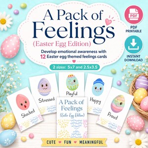 以下が含まれることがあります： A Pack of Feelings Easter Egg Editionというタイトルのデジタル印刷可能なセット。ショック、ストレス、遊び心、幸せ、誇りなどの感情を示す卵のイラストが描かれた12枚のカードが含まれています。カードのサイズは12.7x17.8cmと6.4x8.9cmです。