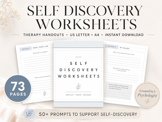 Self Discovery Worksheets, Therapy Journal Prompts (PDF)