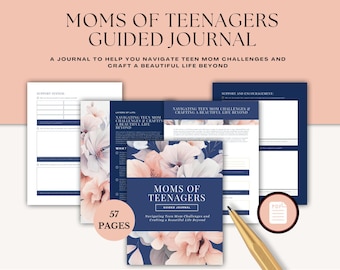 May include: A blue and white journal with a floral design and the title "Moms of Teenagers Guided Journal". The journal has 57 pages and is designed to help navigate teen mom challenges and craft a beautiful life beyond.