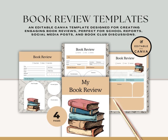 Editable Book Review Template | Canva Layout, Reading Journal (Digital Download)