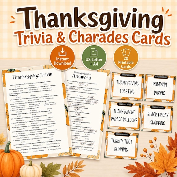 Thanksgiving Trivia & Charades Game, Printable Party Pack (PDF)