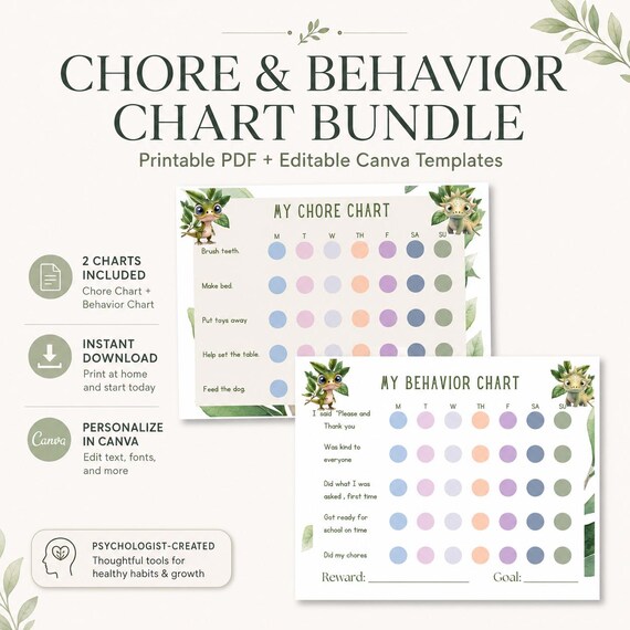 Dinosaur Behavior Chart, Kids Daily Routine, Visual Aid (PDF, Canva)