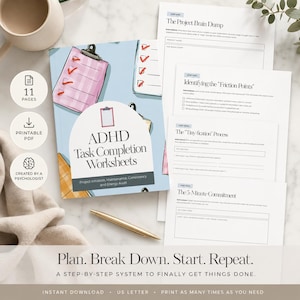 May include: ADHD Task Completion Worksheets with a light blue cover, featuring a pink clipboard illustration. The worksheets include sections for project initiation, maintenance, and energy audit. The text reads: Plan. Break Down. Start. Repeat. Instant download, US Letter.
