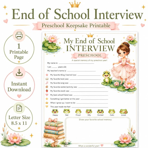 Last Day of Preschool Printable, Graduation Keepsake, Handprint Art, End of School Questionnaire, Preschool Graduate Interview