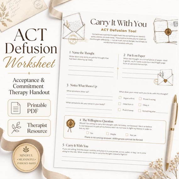 Acceptance And Commitment Therapy CBT Worksheet, Values Worksheet, Defusion And Emotional Regulation Tools For Therapists