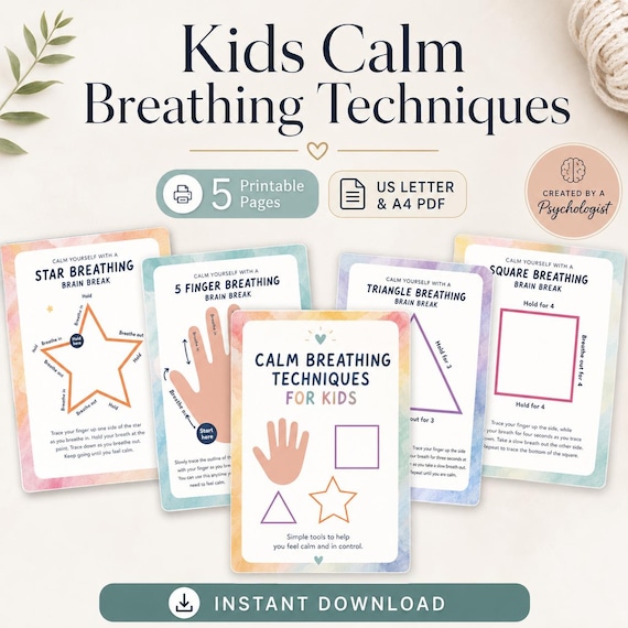 Kids Calm Breathing Worksheets, Meditation Techniques (PDF)