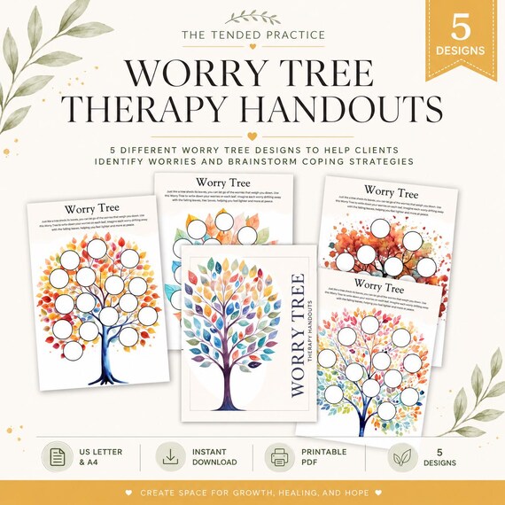 Worry Tree Worksheets, Anxiety Relief, ACT Therapy (Digital PDF)