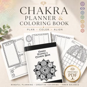 May include: A white Chakra Planner & Coloring Book with a black mandala design on the cover. The image shows open pages with to-do lists, weekly and monthly calendars, and the text "Plan, Color, Align."