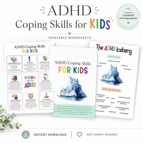 ADHD Iceberg Coping Skills, Kids Mental Health (Digital Download)