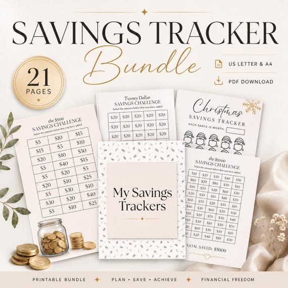 Savings Challenge Tracker Bundle, Piggy Bank Printable (PDF)