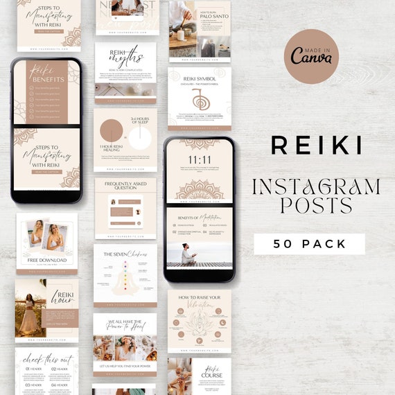 Reiki Instagram Bundle templates I 50 Editable Posts I Posts, Stories & Highlights, Reiki Marketing Business, Spiritual Instagram Canva