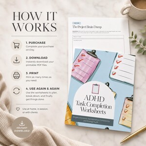 Pode incluir: Um livreto impresso de folhas de trabalho de conclus&atilde;o de tarefas de TDAH com um fundo azul claro, apresentando uma ilustra&ccedil;&atilde;o de prancheta rosa. O texto diz "ADHD Task Completion Worksheets" e "Download instant&acirc;neo". A imagem tamb&eacute;m mostra instru&ccedil;&otilde;es e uma x&iacute;cara de caf&eacute;.