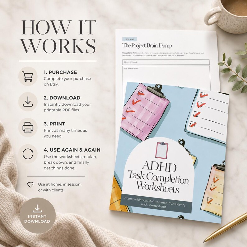 Pode incluir: Um livreto impresso de folhas de trabalho de conclus&atilde;o de tarefas de TDAH com um fundo azul claro, apresentando uma ilustra&ccedil;&atilde;o de prancheta rosa. O texto diz "ADHD Task Completion Worksheets" e "Download instant&acirc;neo". A imagem tamb&eacute;m mostra instru&ccedil;&otilde;es e uma x&iacute;cara de caf&eacute;.
