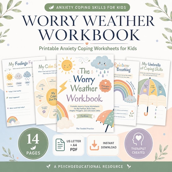 Worry Weather anxiety workbook for kids, CBT worksheets, therapy office decor, school counseling resources, counseling games, coping skills