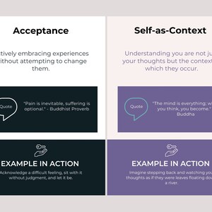 Op de afbeelding: Een grafiek met twee secties. De eerste sectie heeft de titel "Acceptatie" met een definitie, een citaat en een voorbeeld. De tweede sectie heeft de titel "Zelf-als-Context" met een definitie, een citaat en een voorbeeld.