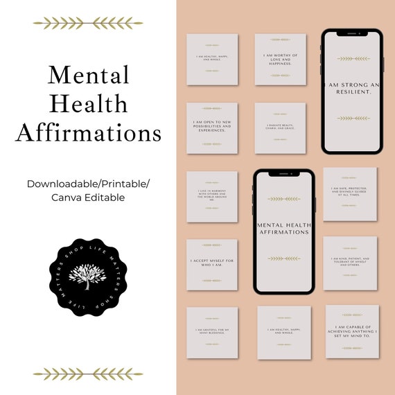 Mental Health Affirmation Cards/ coaching resources / Life Coach / Canva/ Printable/Downloadable/Editable