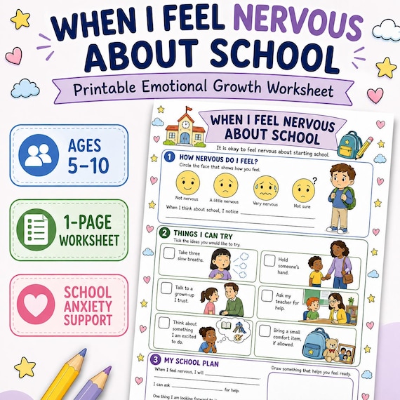 Kids Mental Health Check In: Supportive Therapy Worksheet Posters For Kids, First Day of School