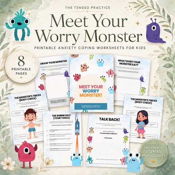 Worry Monster Worksheet: Kids Anxiety Relief, Therapy Tools, Coping Skills, Emotional Regulation Activities