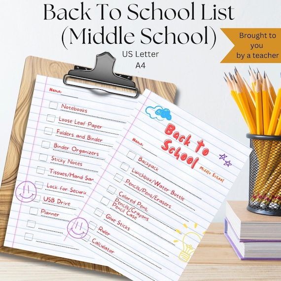 Middle School Supply Checklist, Printable Packing List (PDF)