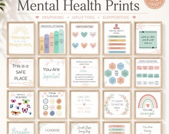 May include: A set of 20 mental health prints featuring various motivational quotes, self-care tips, and colorful illustrations including hearts, butterflies, and rainbows. Each print is framed in light wood and contains text.