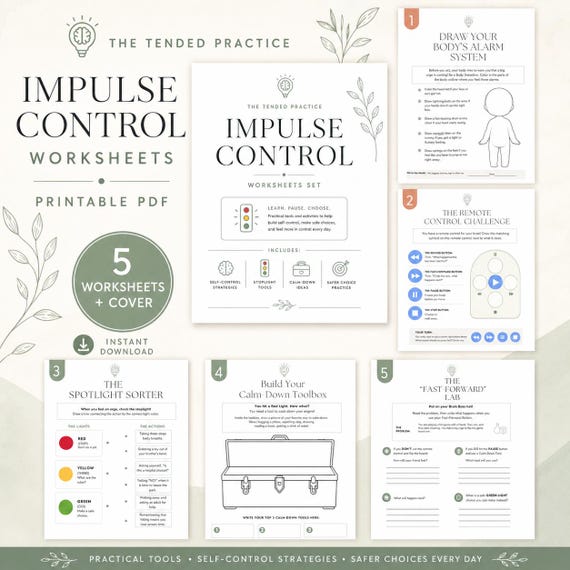 Impulse Control Worksheets for Adults, Printable Self-Help Tools, Mental Health Resources
